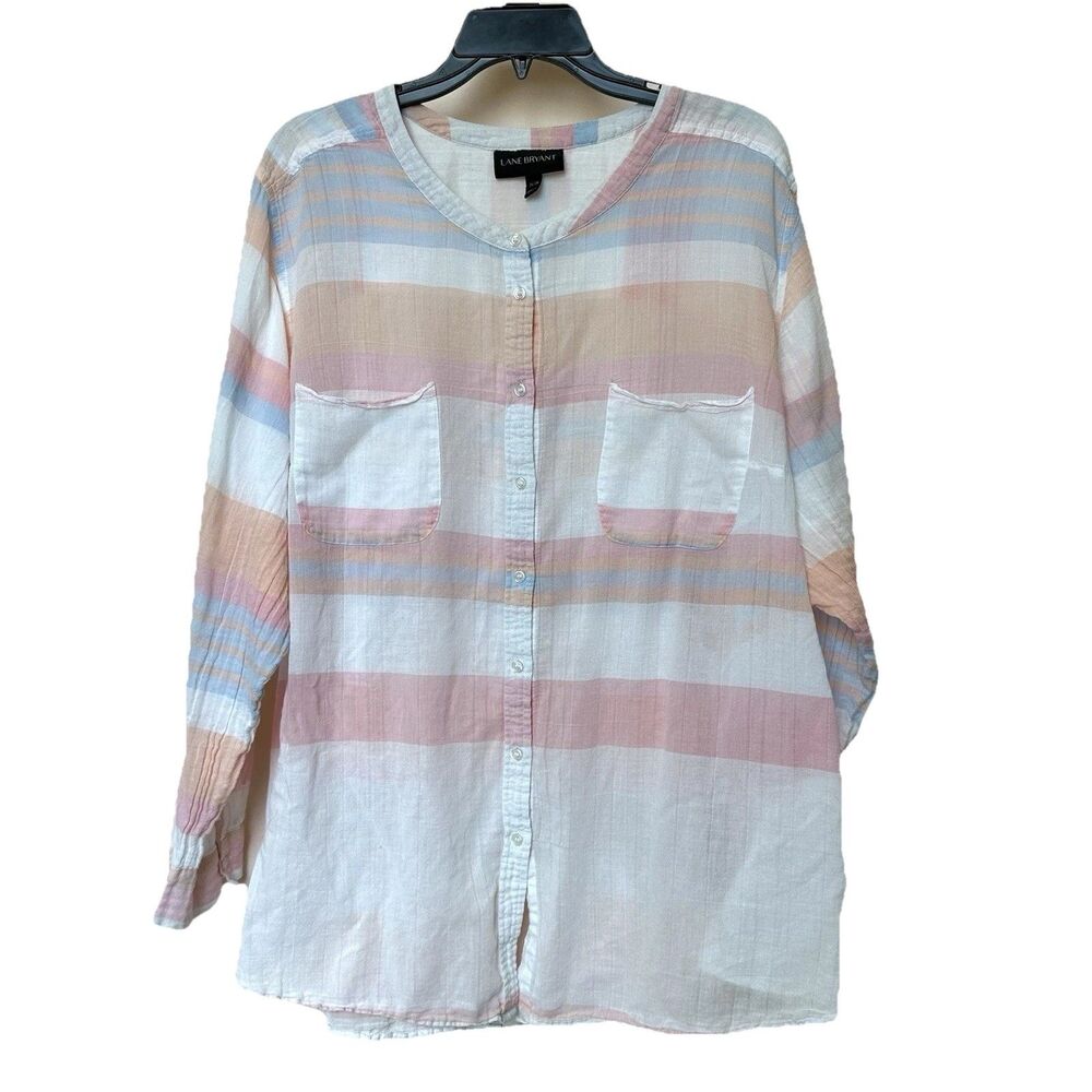 Lane Bryant Womens Cotton Button Up Shirt 26/28 Multicolor Stripe Gauzy Beachy